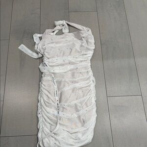 Lucy in the Sky White Ruched Halter Midi Dress with Sparkle